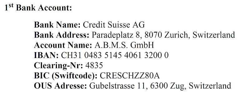 OUS Bank Account with Credit Suisse